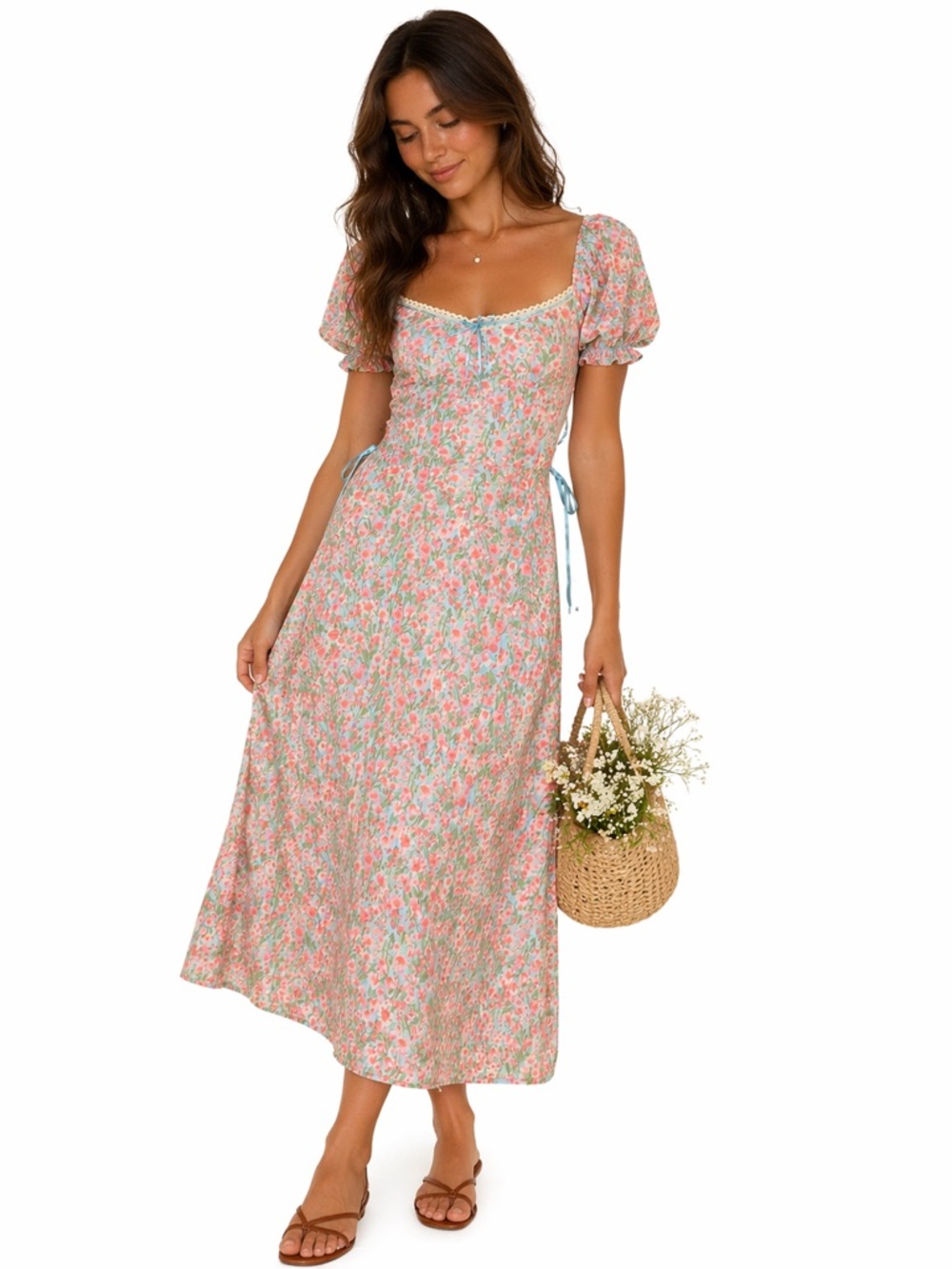 Floral Cottagecore Midi Dress Puff Sleeve Blue Pink Tie Waist XS